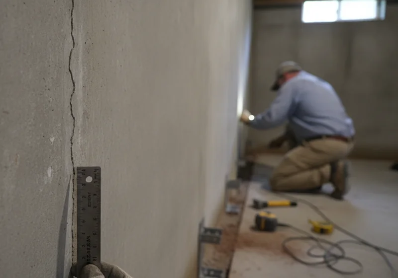 Close view of a vertical crack in a poured concrete basement wall with a tape measure held beside it