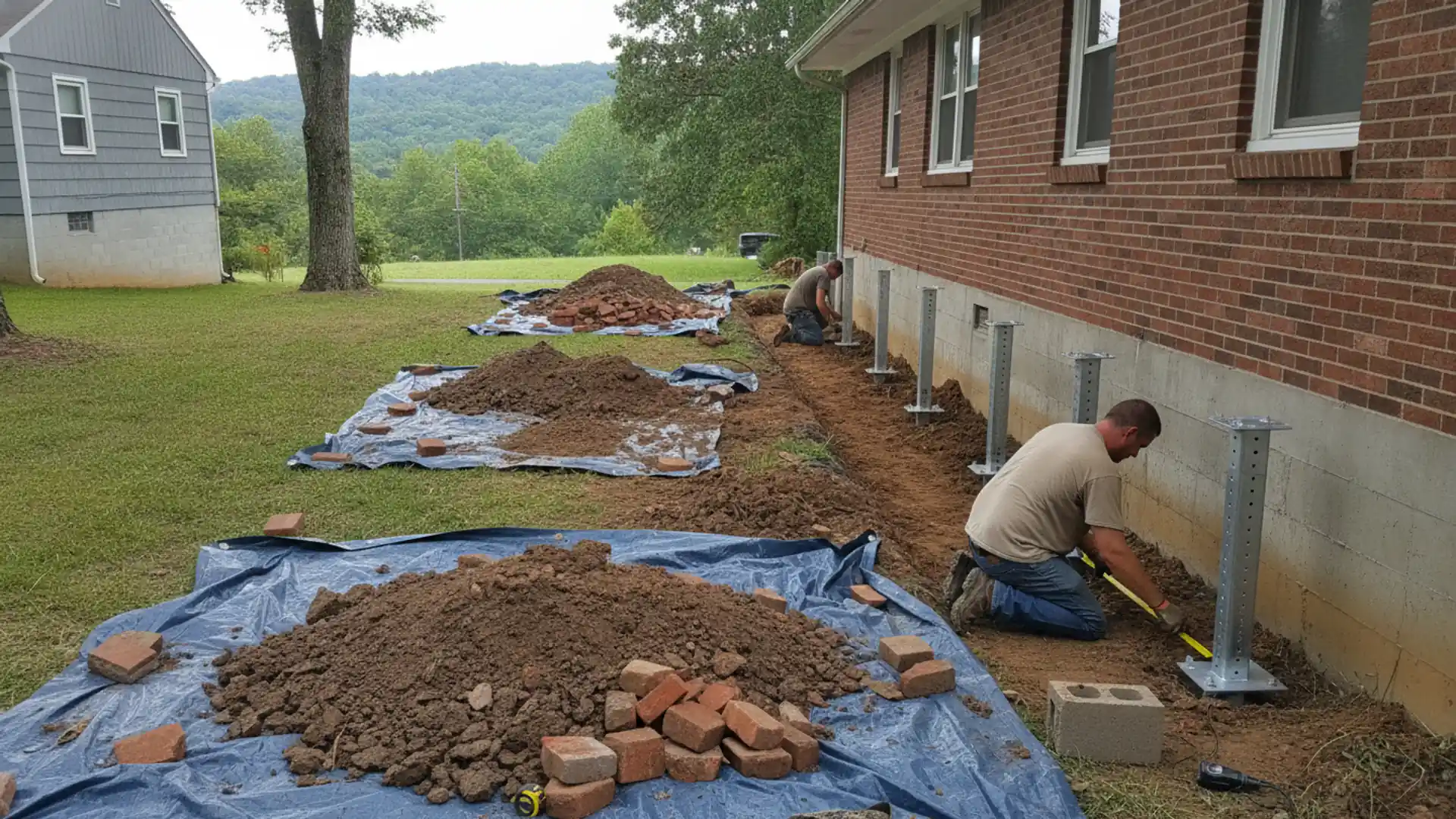 Row of steel foundation piers with brackets installed along an excavated house footing