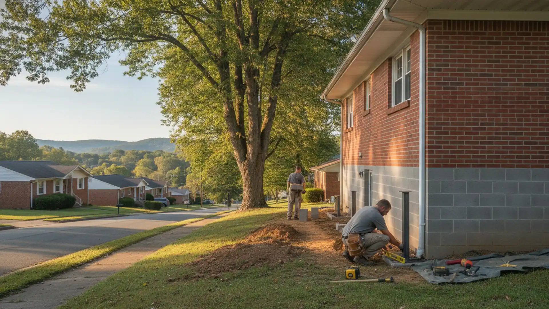 Mid-century brick ranch house with a block foundation on a quiet street in Kingsport, Tennessee