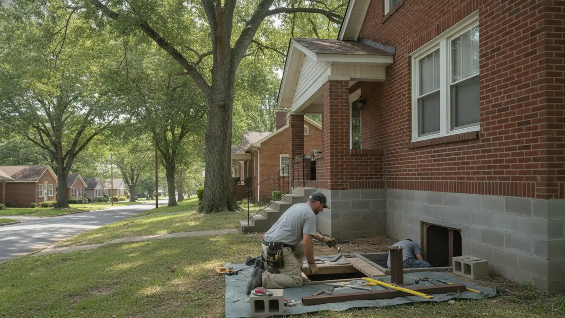 Brick bungalow with a front porch and a crawl space foundation on a Nashville, Tennessee street