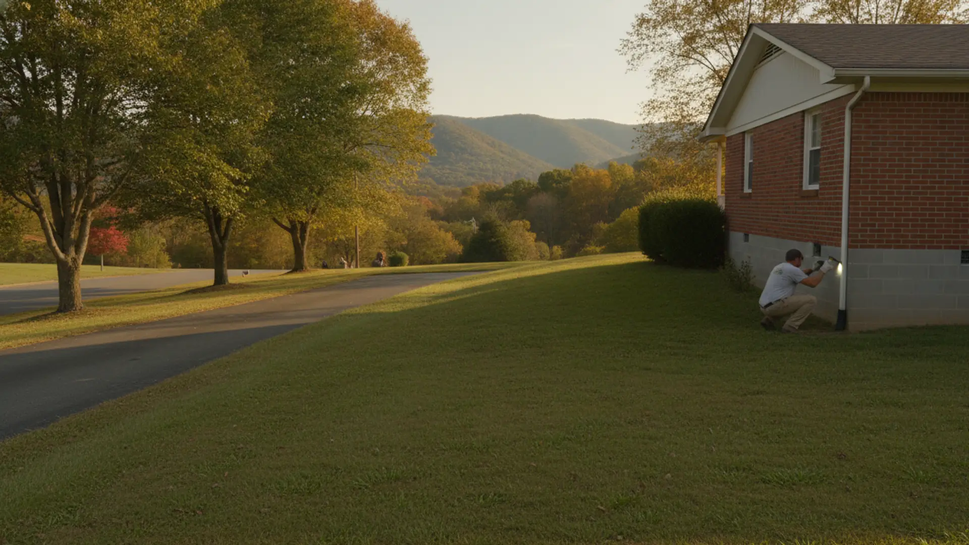 Brick home with a block foundation on a sloped Tennessee street with wooded ridges behind it