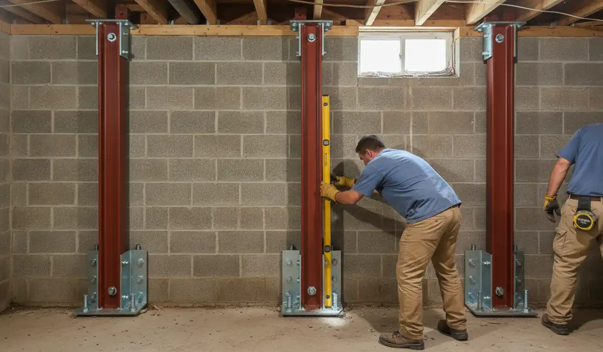Vertical steel I-beam braces bolted to a concrete block basement wall from floor to floor joists