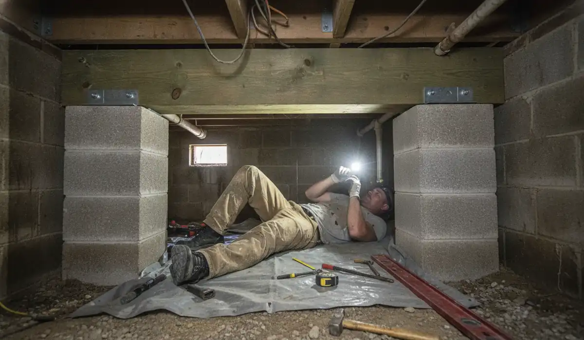 New pressure-treated beam resting on concrete block piers inside a crawl space