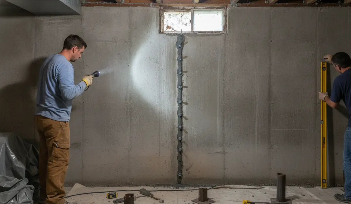 Injection ports spaced along a sealed vertical crack in a gray poured concrete foundation wall