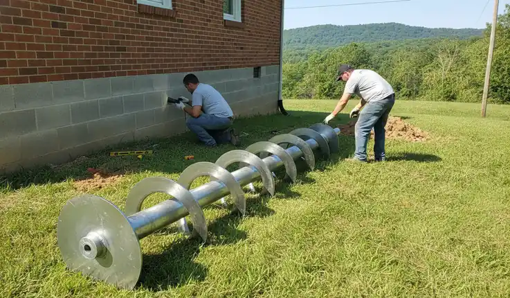 Helical pier with round steel plates lying on the ground before installation beside a home