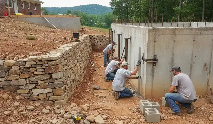 Stacked stone retaining wall and basement foundation wall on a sloped residential lot in Chattanooga