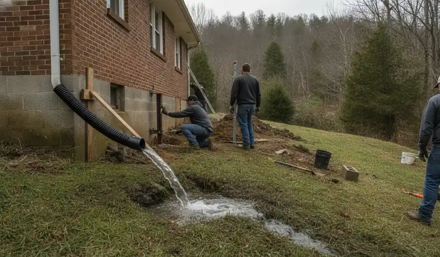 Downspout extension carrying roof water away from the foundation of a hillside home in Northeast Tennessee