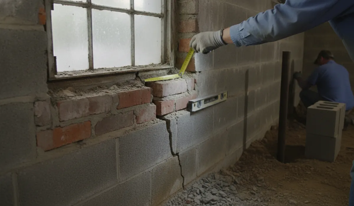 Diagonal crack running from the corner of a basement window in a brick and block foundation