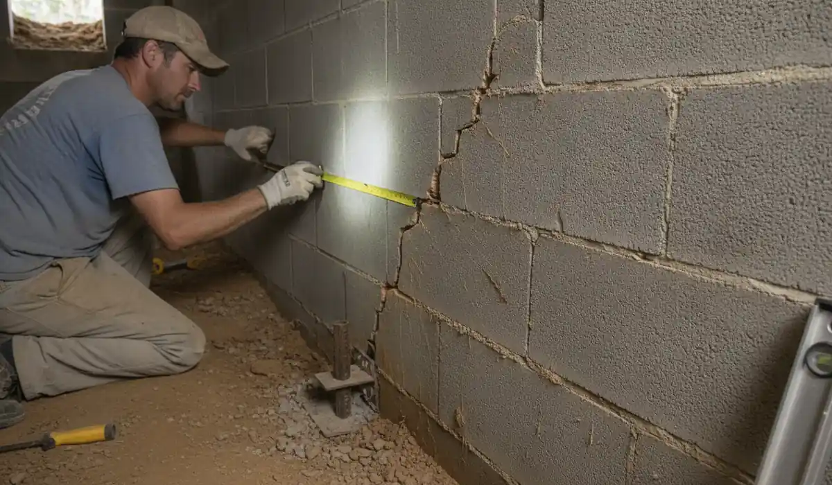 Stair-step crack in the mortar of a concrete block crawl space wall under an older East Tennessee house
