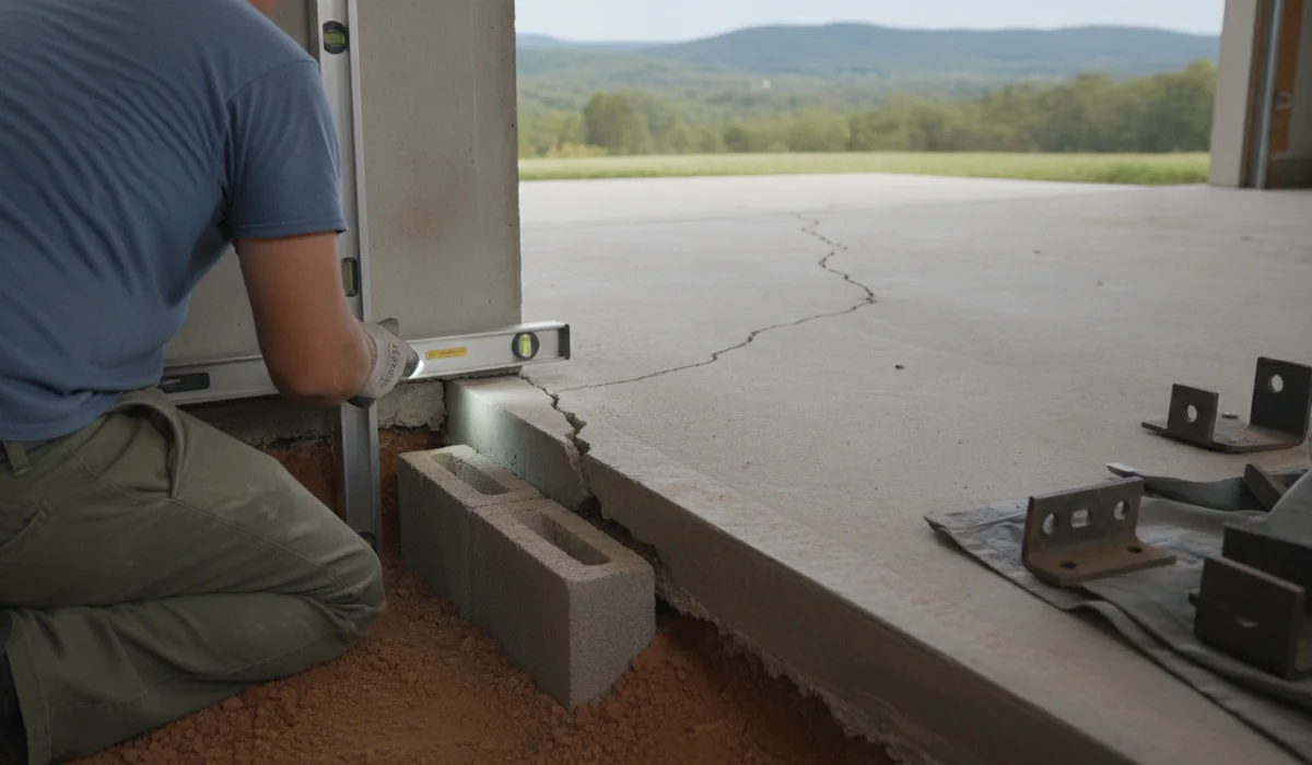 Crack in a concrete garage slab and a gap at the foundation wall of a newer Middle Tennessee house