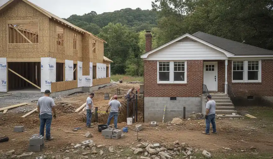 New infill house under construction next to an older home on a Nashville street