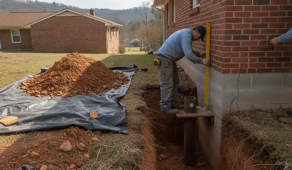 Steel foundation pier bracket installed against a concrete footing in an excavated trench beside a house