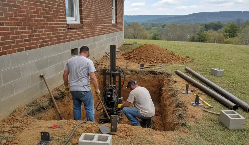 Hydraulic pier driving equipment set up beside an excavated section of house foundation